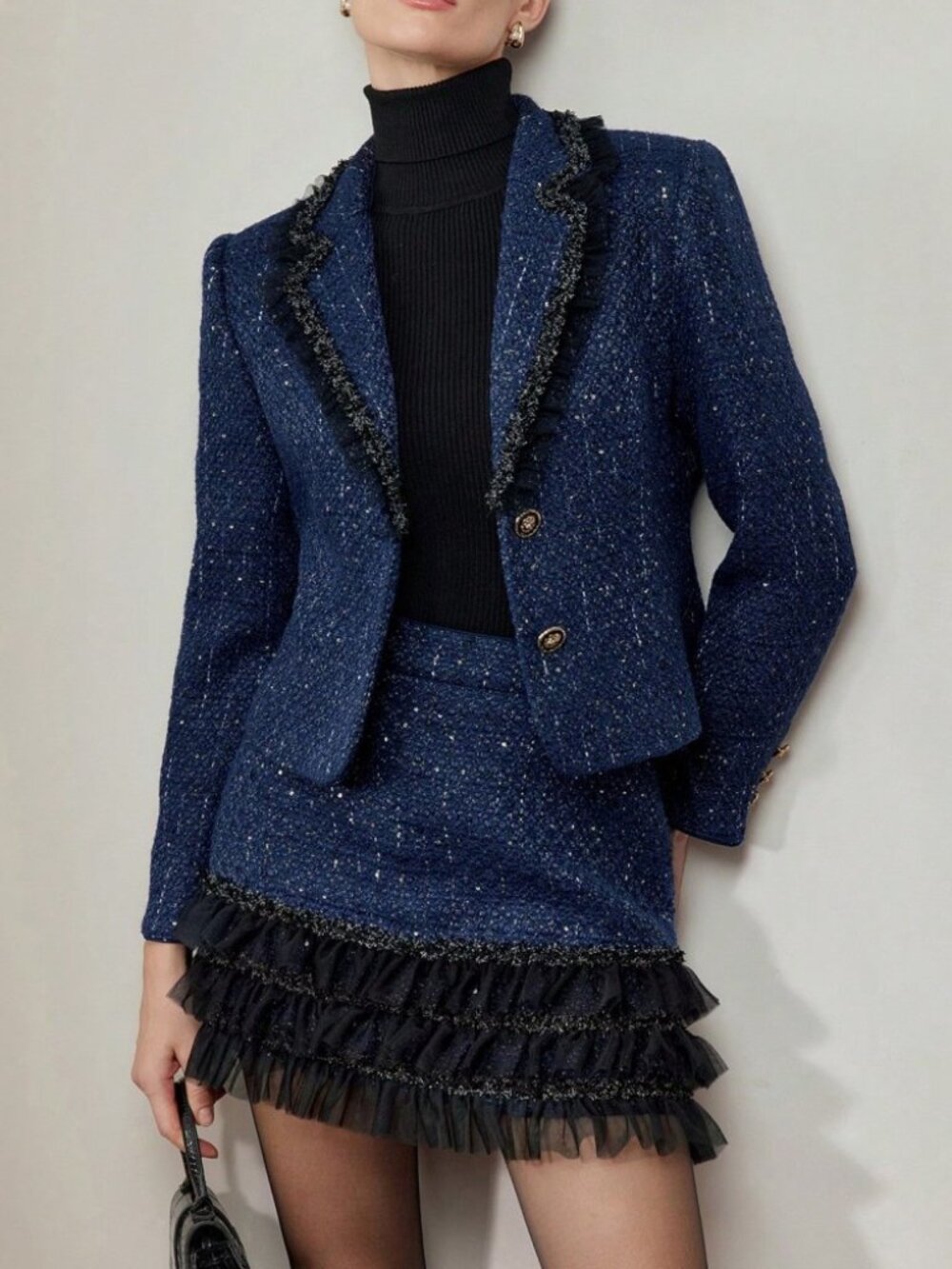 Navy Tweed Blazer with Black Tulle Ruffle Trim & Sequin Detail